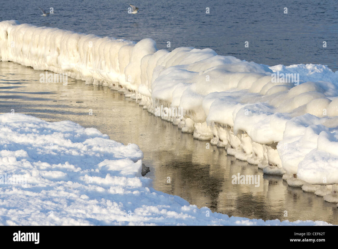 Gelido pareti di mare sulla costa polacca del Mar Baltico. Inverno dal mare. Foto Stock