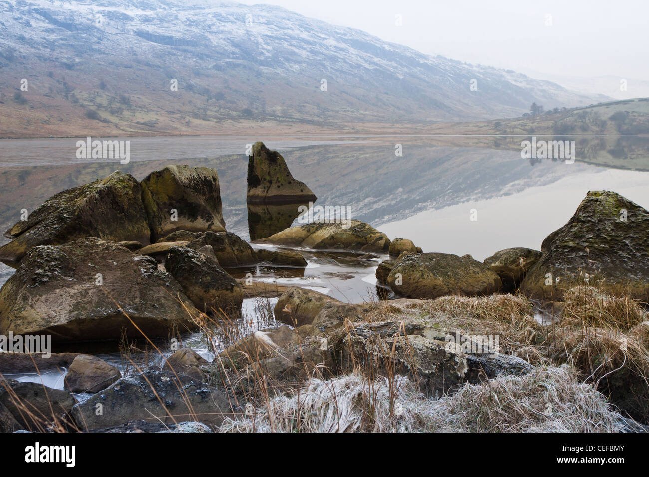 Frosty mattina sulle rive del Llyn Mymbyr, Snowdonia National Park, North Wales, Regno Unito Foto Stock