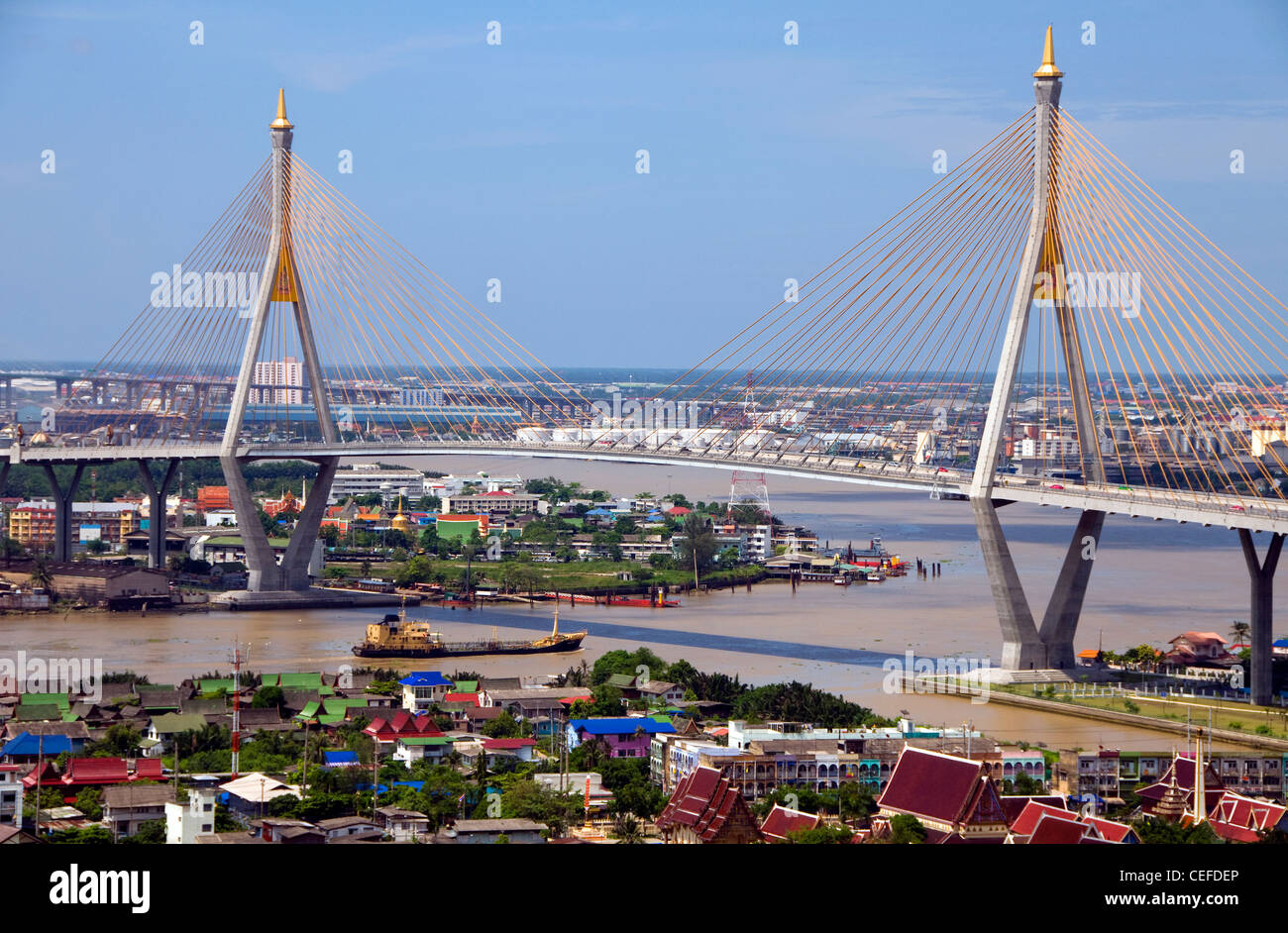 Il fiume Chao Phraya, Bhumibol 1 ponte, mega ponte che rende l'anello industriale su strada e dello skyline della città di Bangkok, Tailandia. Foto Stock