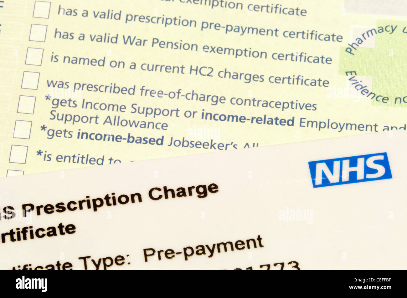 NHS pre-pagamento prescrizione scheda di carica con una prescrizione in background. Foto Stock