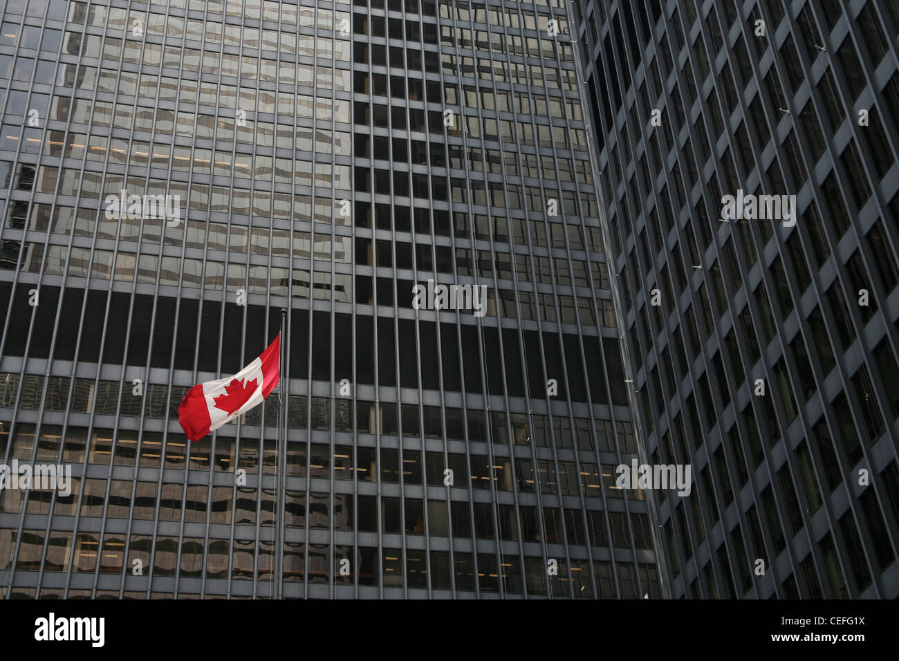 Canadain Flag impostato contro il blocco ufficio parete in vetro Foto Stock