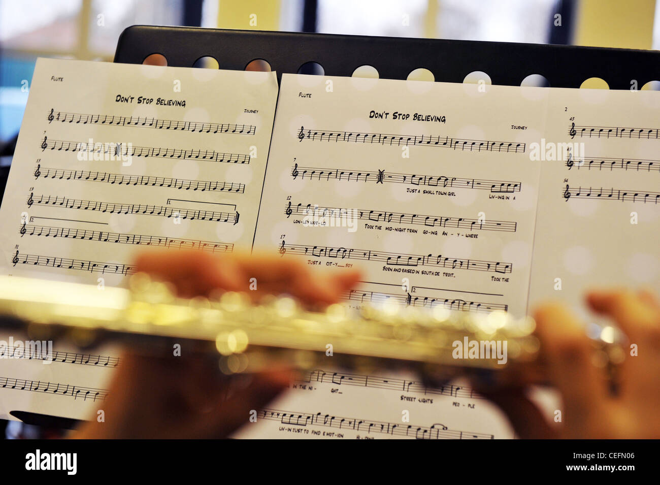 Lezione di flauto da vicino delle mani, flauto e musica Foto Stock