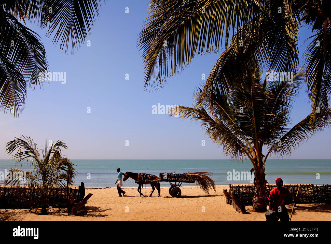 Il Cogotiers spiaggia di fronte alla Tama Lodge, un hotel di lusso in Mbour, Senegal. Foto Stock