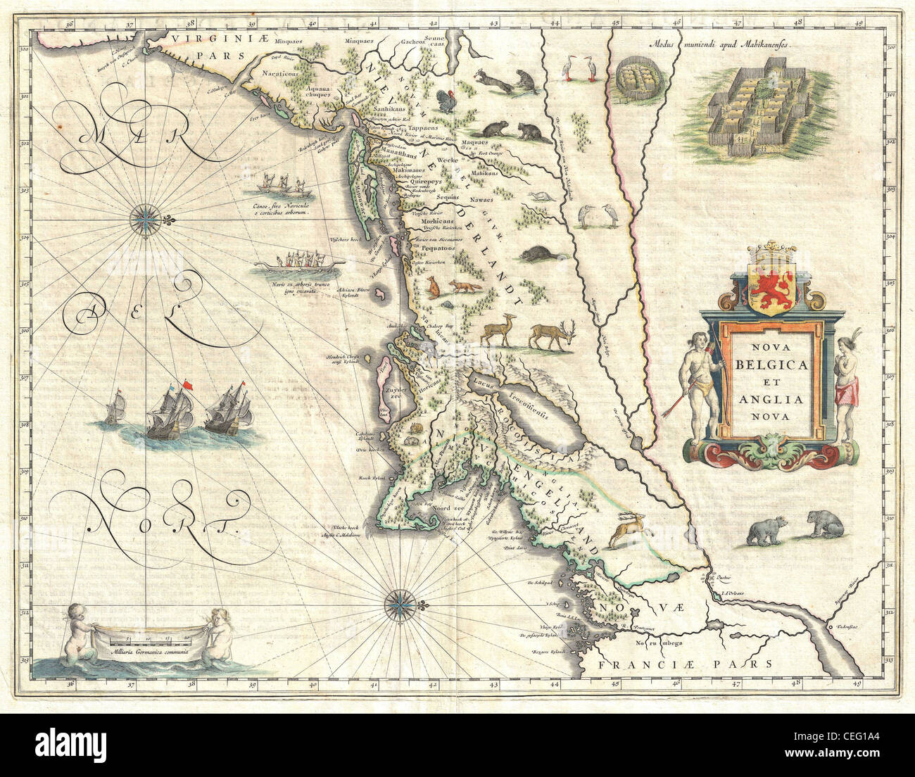 1635 Blaeu Mappa del New England e New York (prima rappresentazione di Manhattan come un'isola) Foto Stock