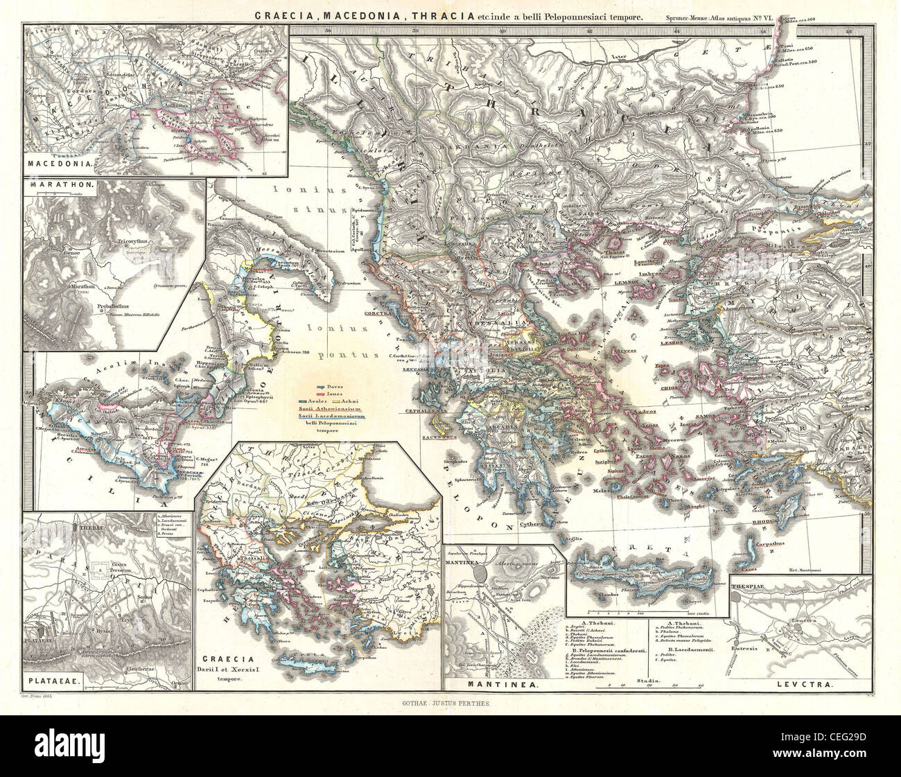 1865 Spruner Mappa di Grecia, Macedonia e Tracia prima Guerra del Peloponneso. Foto Stock