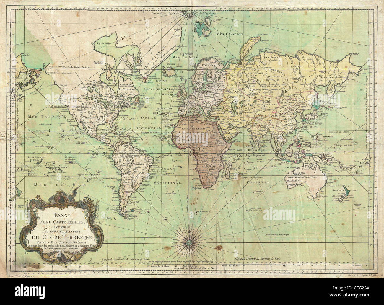 1778 Bellin una carta nautica o una mappa del mondo Foto Stock