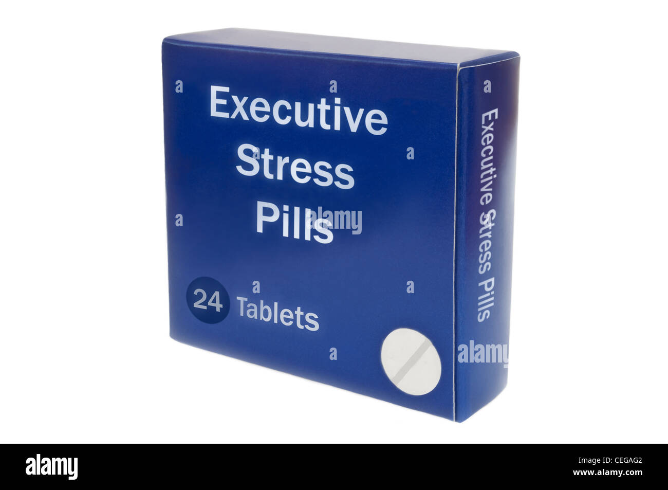 Chiudere in su su una Tavoletta blu box che mostra le parole 'Executive Stress Pillole' disposti su bianco. Foto Stock