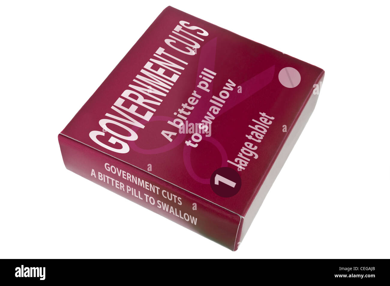 Un singolo farmaco rosso pack con le parole " il governo taglia un rospo da ingoiare' disposti su bianco. Foto Stock