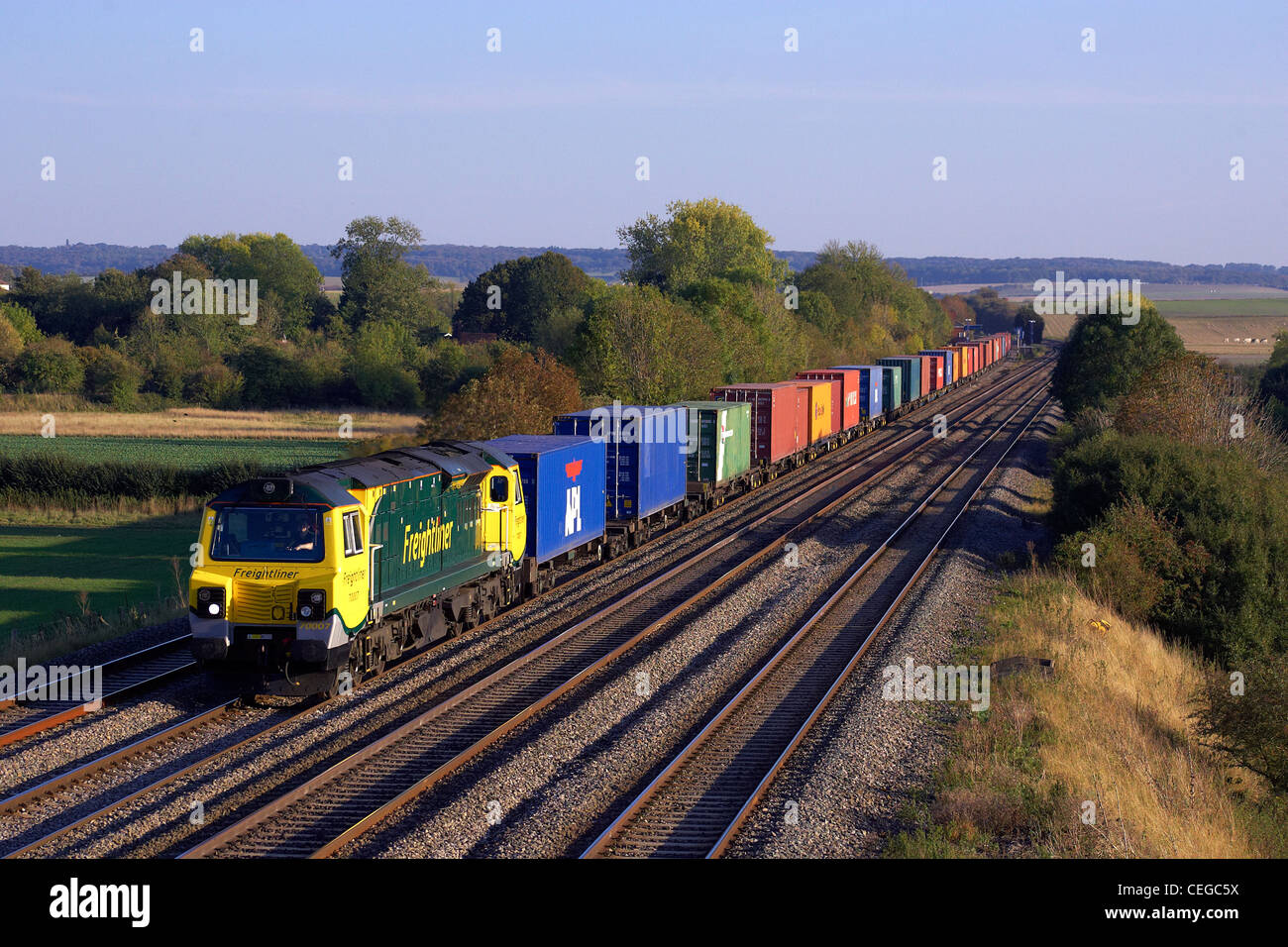 70007 capi 4M68, 14:55, Southampton Maritime - Birch ceduo Freightliner attraverso Cholsey il 14 ottobre 2011. Foto Stock