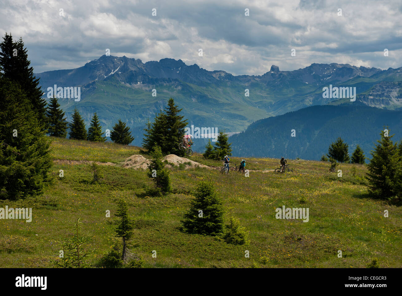 I ciclisti di montagna su un altopiano a Les Saisies family village resort. Savoie. Francia Foto Stock