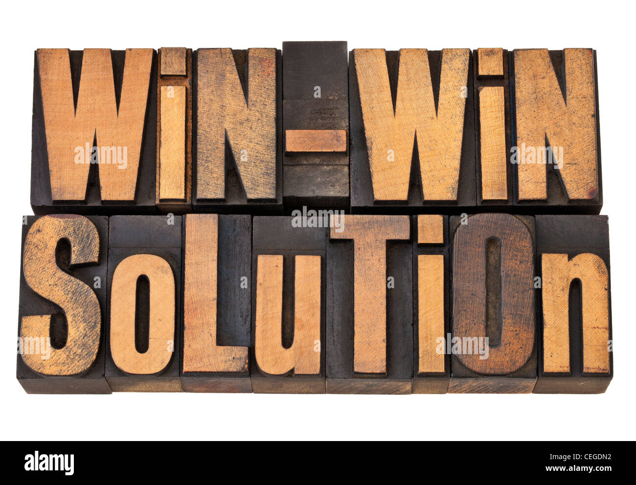 Win-win soluzione - negoziazione o la risoluzione dei conflitti concetto - parole isolate in vintage tipo legno Foto Stock