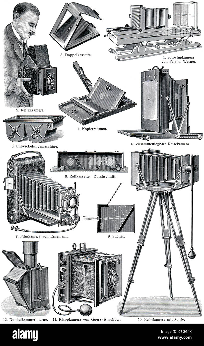 Accessori fotografici. Pubblicazione del libro "eyers Konversations-Lexikon", volume 7, Lipsia, Germania, 1910 Foto Stock