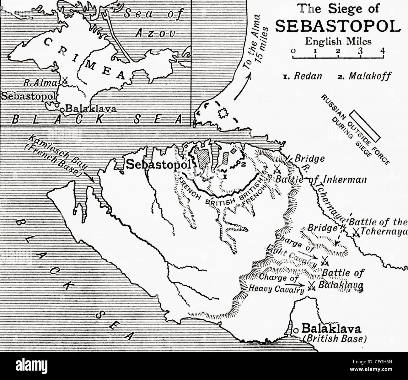 Mappa dell'Assedio di Sebastopoli durante la Guerra di Crimea, 1854 a 1855. Dalla storia dell'Inghilterra, pubblicato 1930. Foto Stock