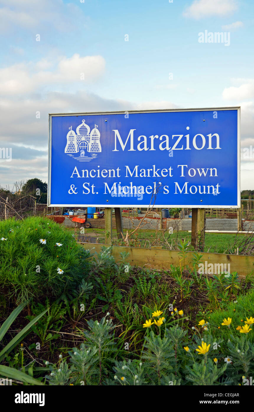 Città segno, Marazion, Cornwall, Regno Unito Foto Stock