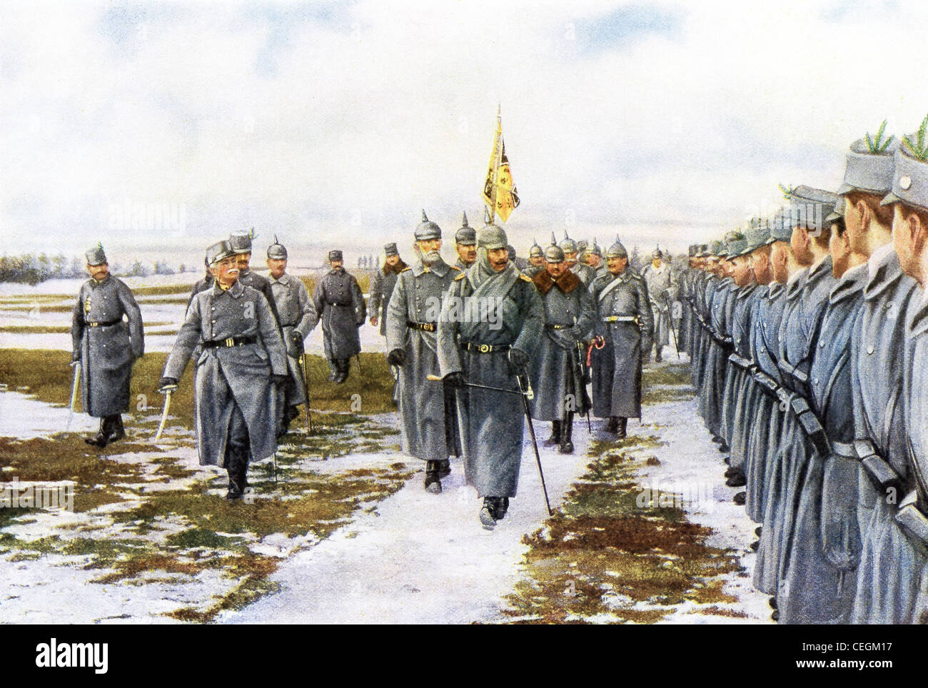 Kaiser Wilhelm (Guglielmo) II, imperatore tedesco, ispeziona le truppe austro-ungariche sul fronte della Galizia Orientale, Capodanno, 1916. Alla sinistra del Kaiser si trova il conte generale von Bothmer. Foto Stock