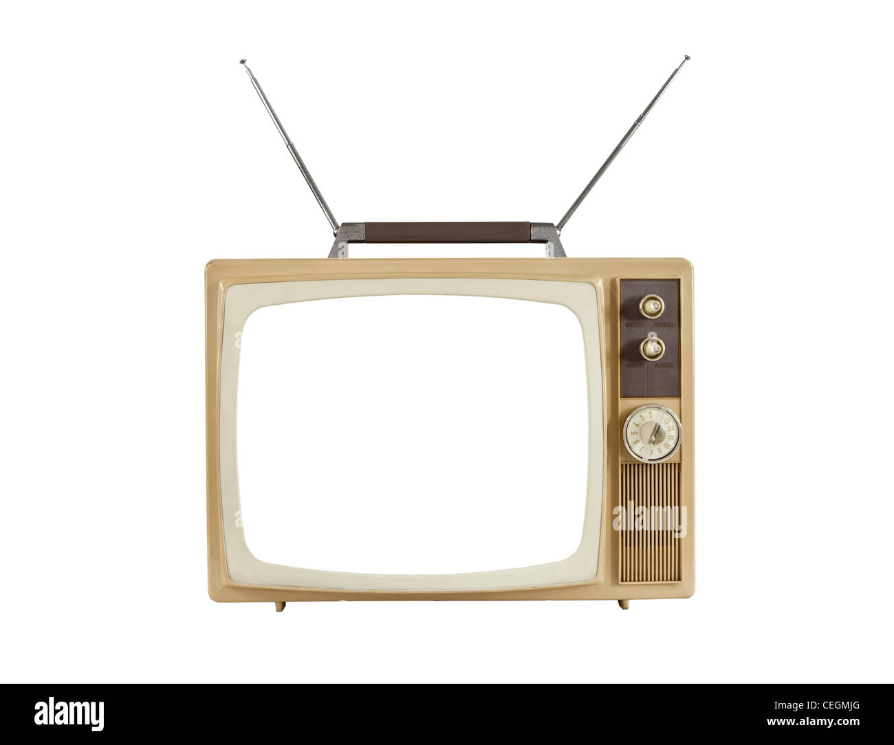 1960 schermo vuoto televisore portatile con le antenne verso l'alto. Isolato su bianco. Foto Stock