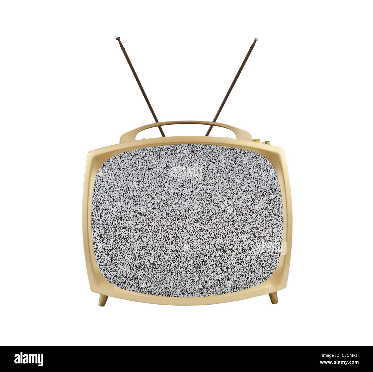 Anni Cinquanta la televisione portatile con schermo statico e antenne. Isolato su bianco. Foto Stock