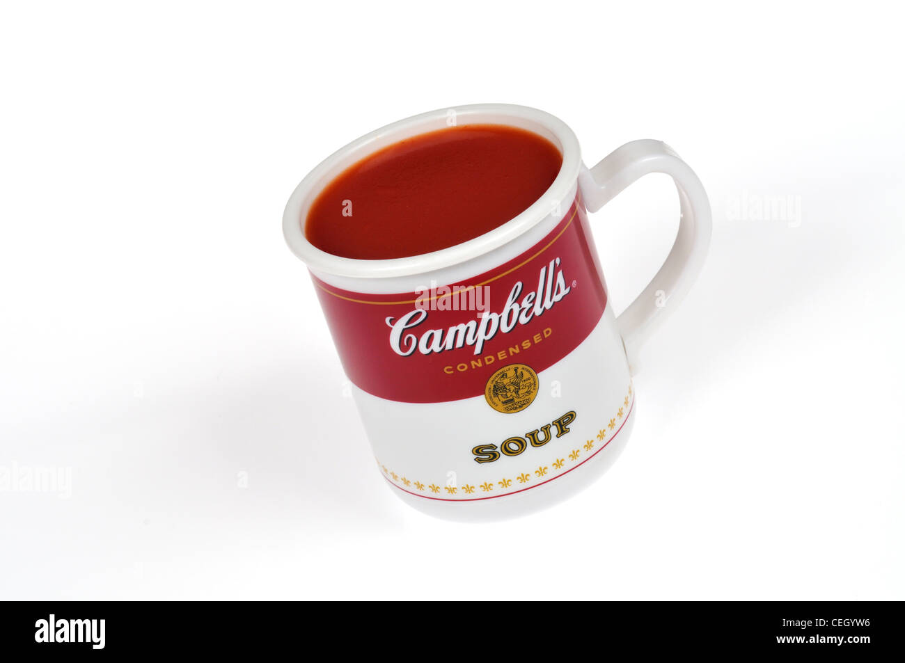 Tazza di Campbell's minestra di pomodoro in un Campbells Soup mug su sfondo bianco USA. Foto Stock