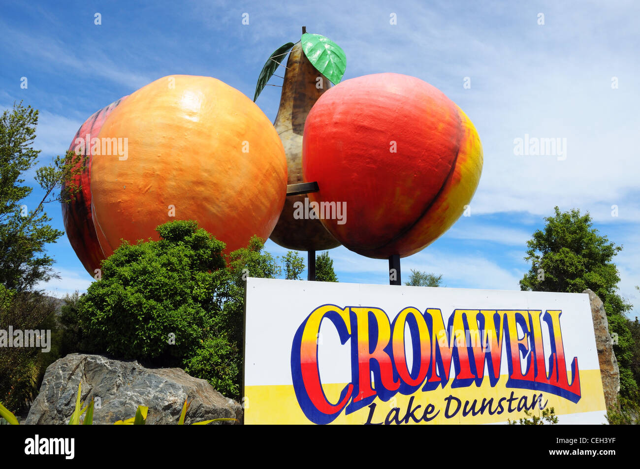 Frutta gigante dal bordo della strada a Cromwell in Nuova Zelanda Foto Stock