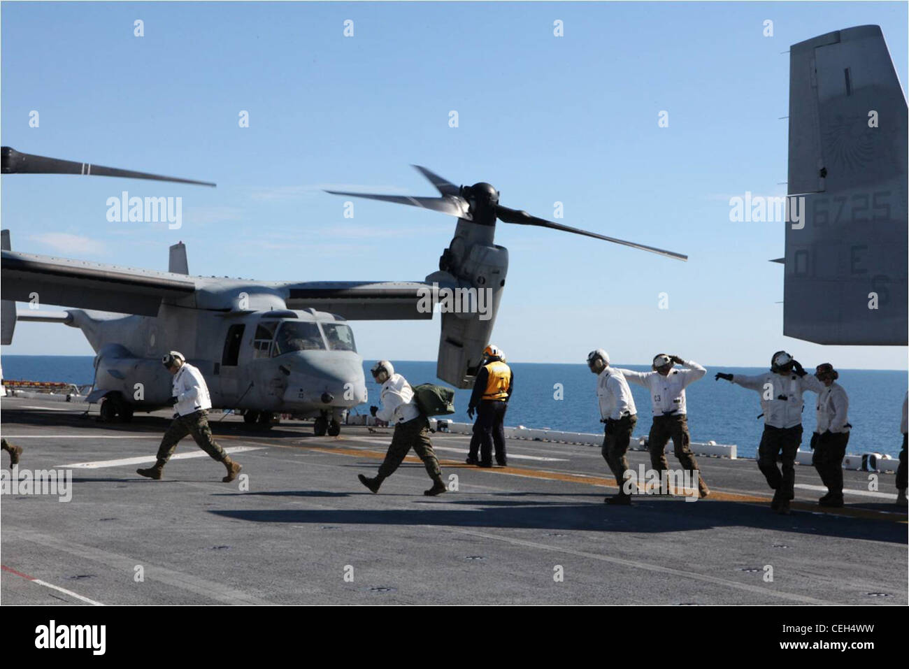 I Marines di carico di combattimento si muovono attraverso il ponte di volo della USS Wasp dopo aver scaricato un Osprey MV-22B con lo Squadrone di Tiltrotor di mezzo marino 266 durante l'esercitazione Alligator audace 2012, gennaio 30. Questo esercizio, il più grande esercizio navale anfibio degli ultimi 10 anni, rappresenta la rivitalizzazione da parte della Marina e del corpo Marino di tutta la gamma di operazioni anfibie. L’esercizio si concentra sulla lotta odierna con le forze di oggi, mostrando al contempo i vantaggi della caccia alla mare. Questo esercizio si svolgerà dal 30 gennaio al 30 febbraio 12, 2012 a galla e a terra in Virginia e Carolina del Nord e dintorni. Foto Stock