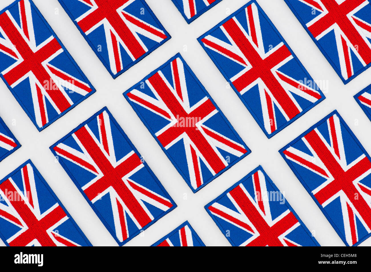 Union Jack flag patch ricamato pattern su sfondo bianco Foto Stock
