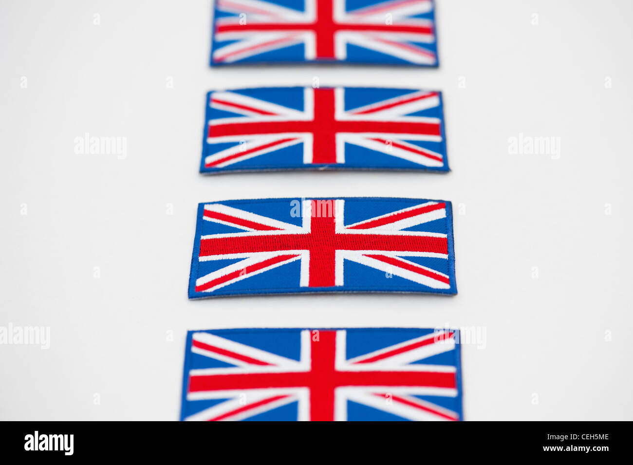 Union Jack flag patch ricamato pattern su sfondo bianco Foto Stock
