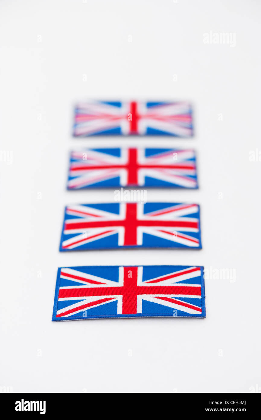 Union Jack flag patch ricamato pattern su sfondo bianco Foto Stock