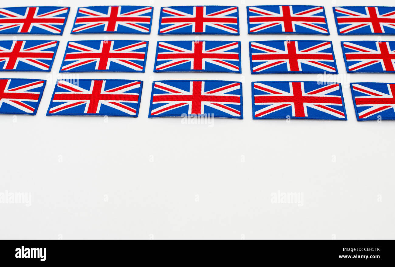 Union Jack flag patch ricamato pattern su sfondo bianco Foto Stock