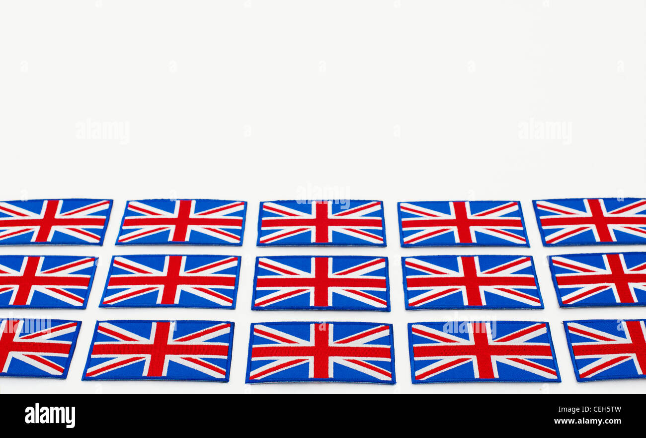 Union Jack flag patch ricamato pattern su sfondo bianco Foto Stock