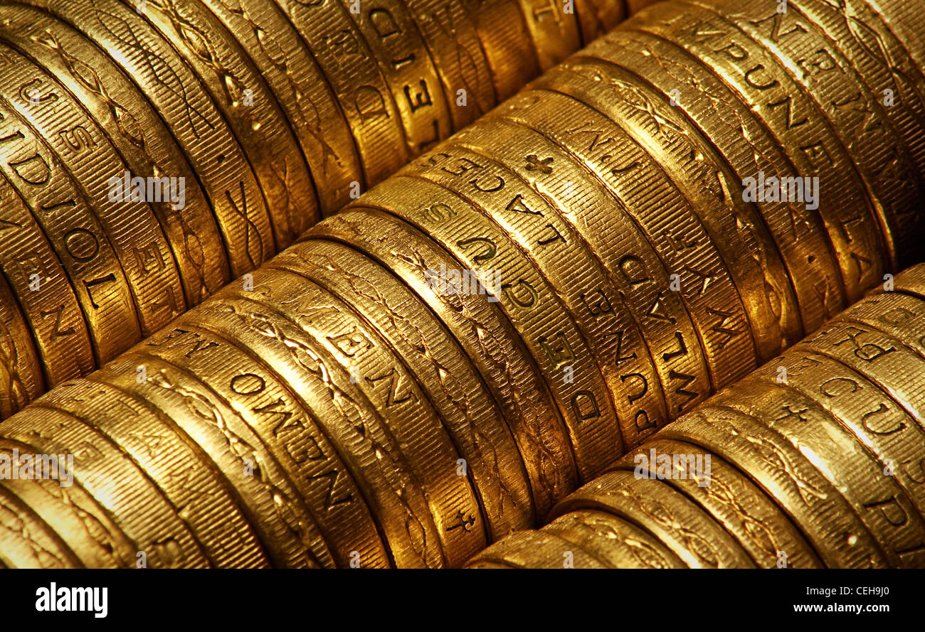 Sterlina britannica monete vista laterale adatto per gli sfondi Foto Stock