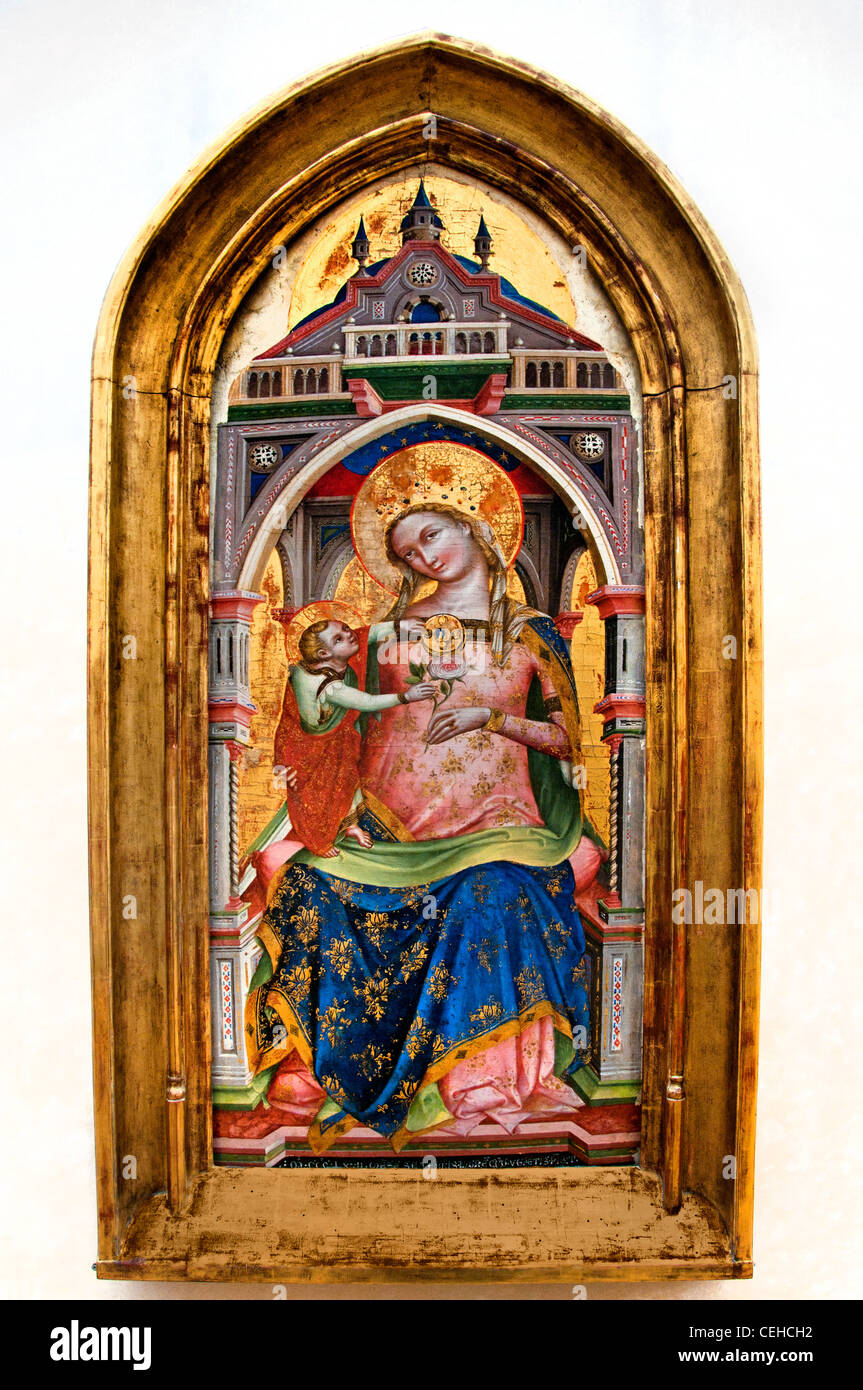 Lorenzo Veneziano la Vergine e il bambino ha una rosa 1370 pittura Maria Cristo museum Foto Stock