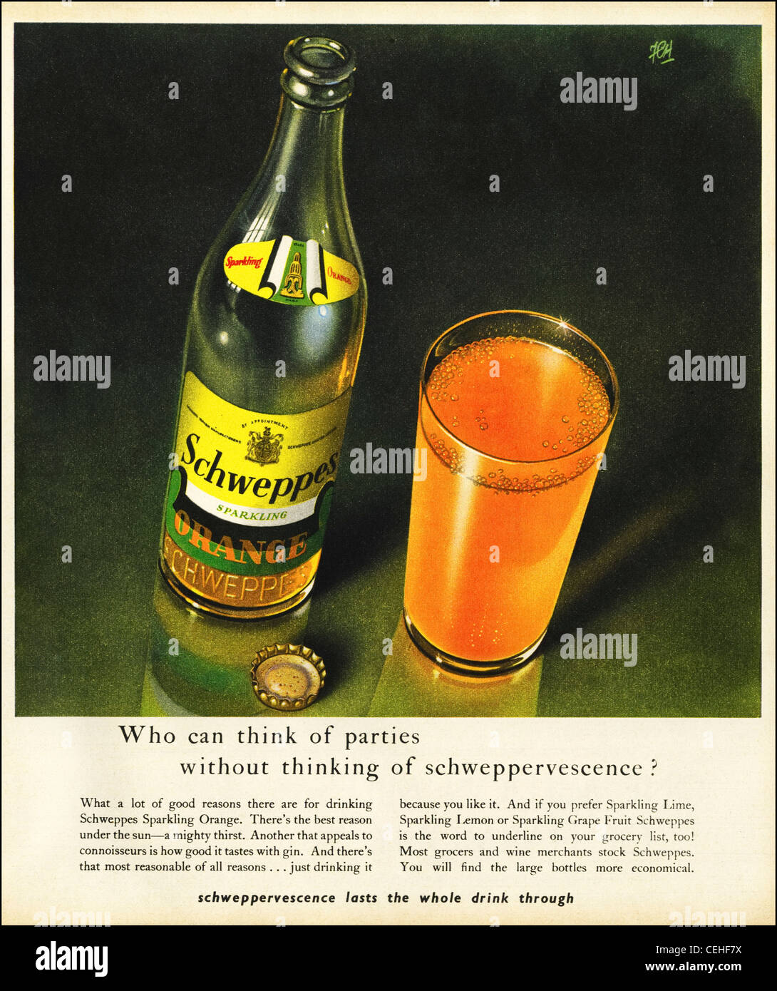 Annuncio originale negli anni Quaranta era magazine pubblicità SCHWEPPES spumeggiante bevanda a base di arancia Foto Stock