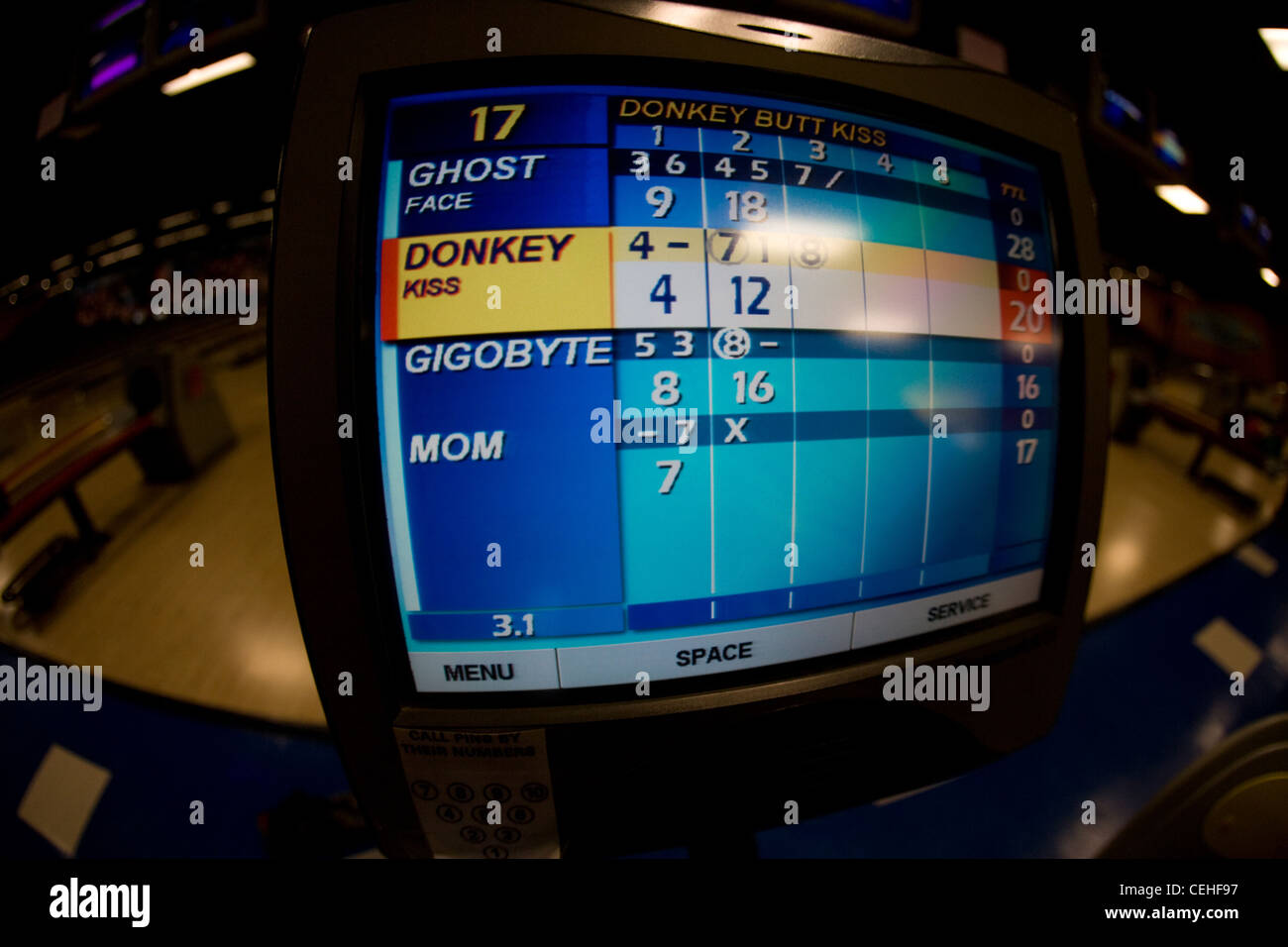 Bowling Alley cliente rigature automatica calcolatore punteggio computerizzato Foto Stock