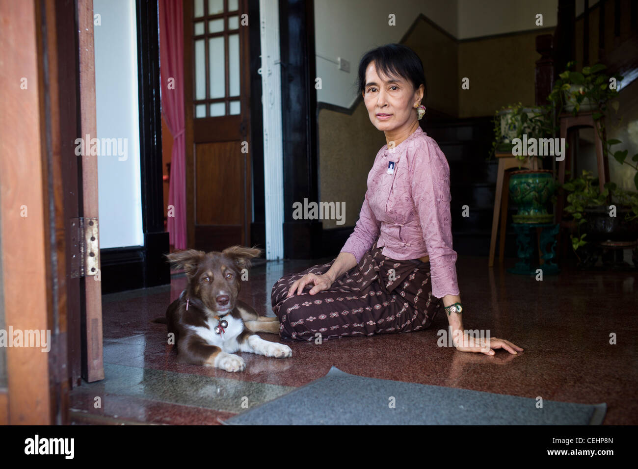 Aung San Suu Kyi, cancelliere di Stato del Myanmar il governo e i leader della Lega nazionale per la democrazia partito (NLD) nella sua casa di Yangon MYANMAR Birmania. Ella è con il suo cane Tai Chi punta che era un regalo dal suo figlio Kim Aris Foto Stock