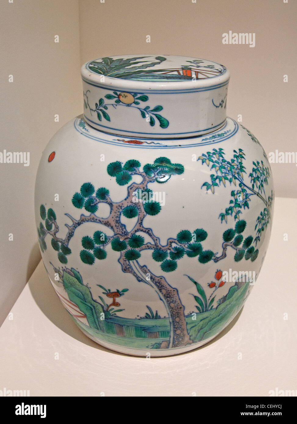 Coperchio di vaso cinese decor paesaggio secolo 18 Cina Foto Stock