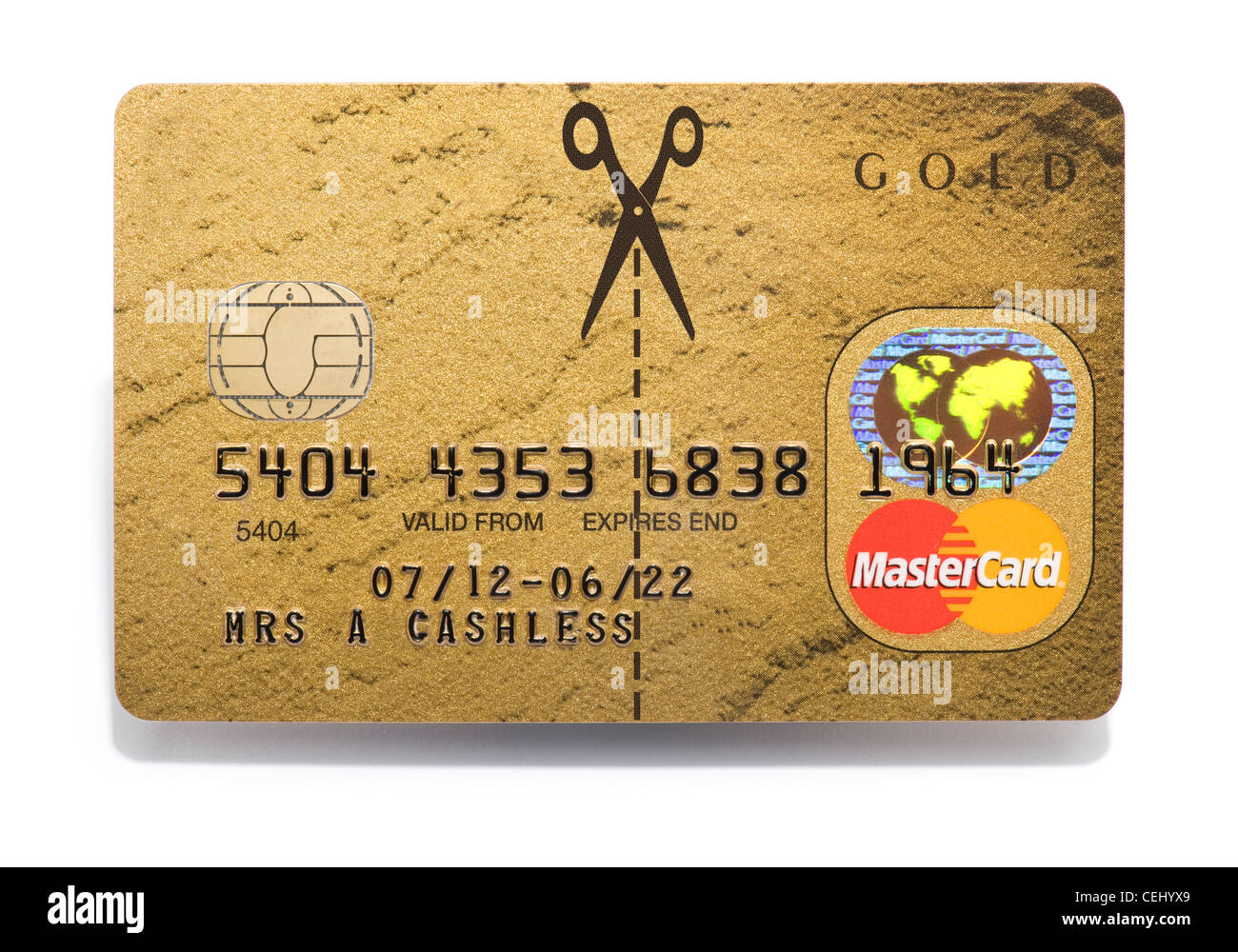 Il taglio a forbice fino a carte di credito MasterCard Foto Stock