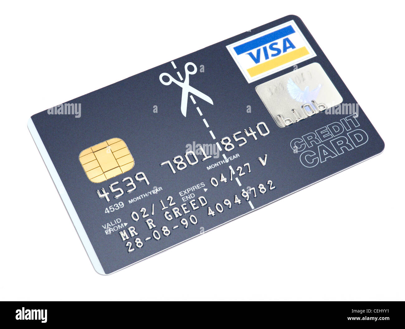 Il taglio a forbice di una carta di credito visa Foto Stock