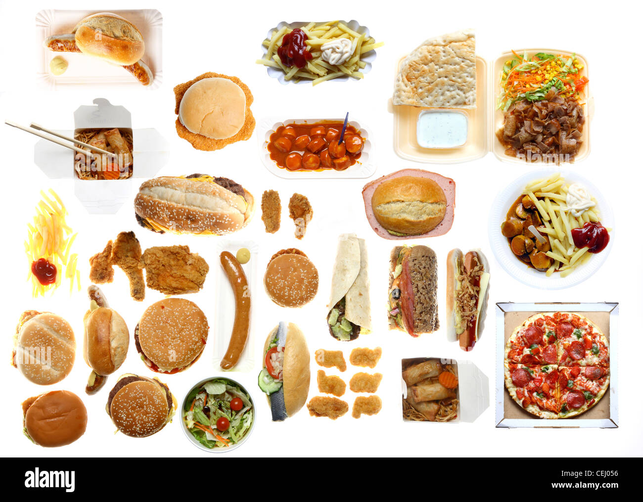 Nutrizione. La compilazione, la composizione di diversi fast food piatti. Hot Dog, Cheeseburger, kebab Turco, pizza, salsicce, sandwich. Foto Stock