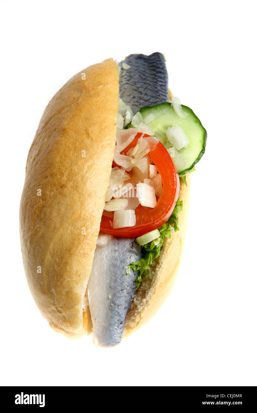 Nutrizione, fast food. Sandwich di pesce, aringa con lattuga, pomodori, cipolle, cetrioli. Foto Stock