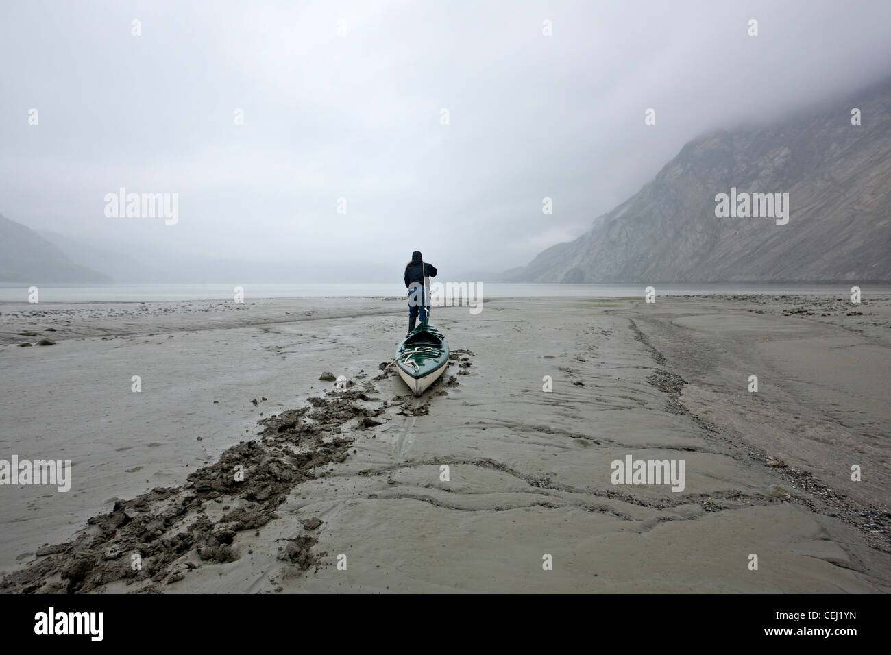 L'uomo portaging un kayak a bassa marea. Parco Nazionale di Glacier Bay. L'Alaska. Stati Uniti d'America Foto Stock