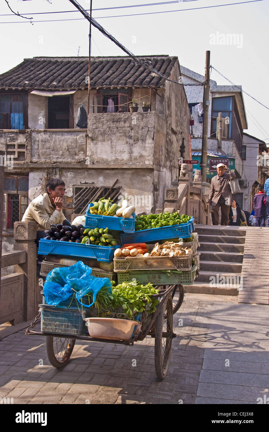 L'uomo vendere verdure in una strada di Mudu vicino a Suzhou (Cina) Foto Stock