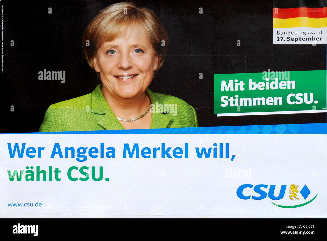 Cartellone elettorale del partito bavarese CSU per Angela Merkel al Bundestag elezioni del 2009. Foto Stock