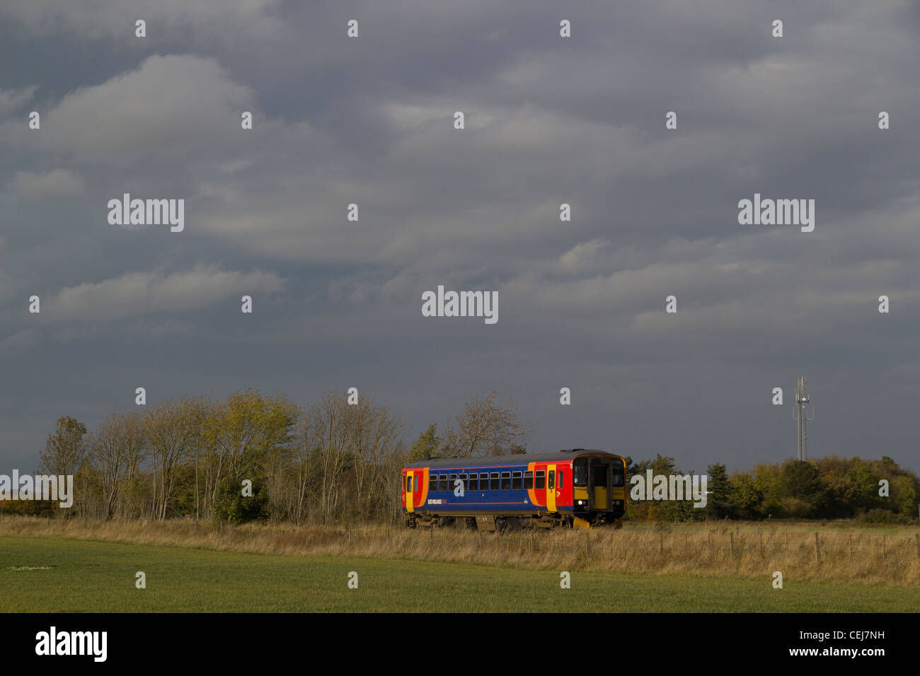 East Midlands classe treni 153 passando Metheringham vicino a Sleaford, Lincolnshire. Sabato 29 Ottobre 2011. Foto Stock