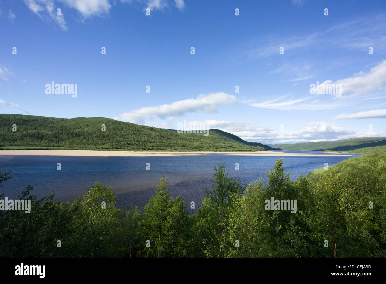 Fiume Teno tra la Finlandia e la Norvegia Foto Stock