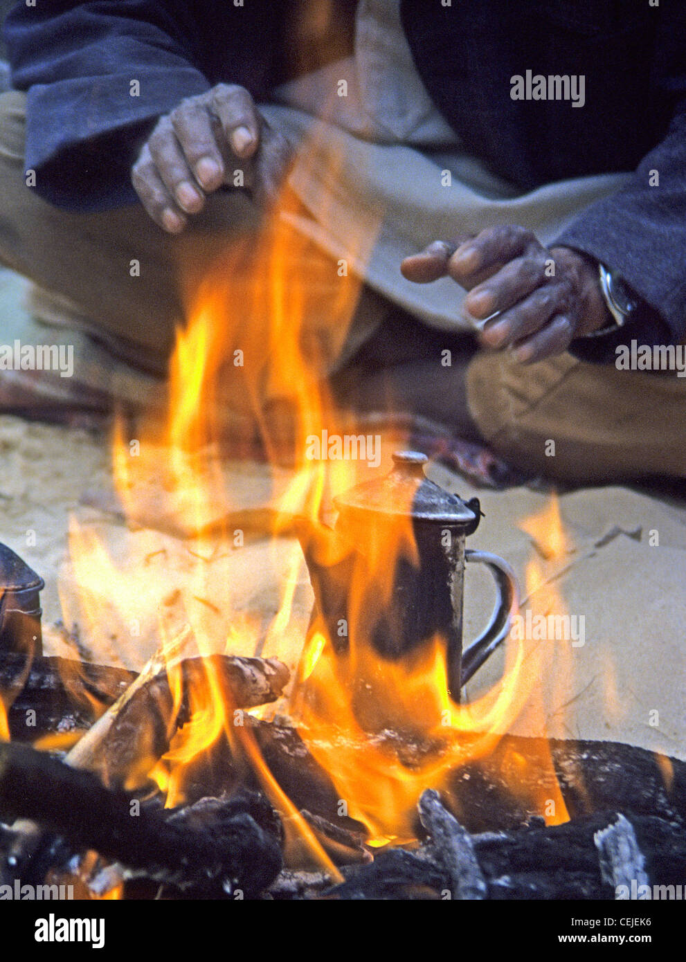 Il nomade beduino presso il desert campfire Foto Stock