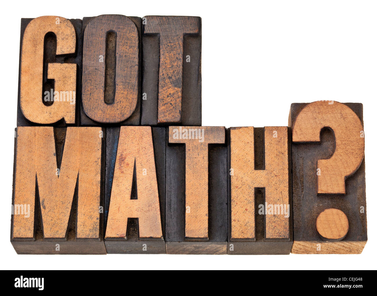 Ricevuto domanda di matematica - testo isolato in rilievografia vintage tipo legno Foto Stock