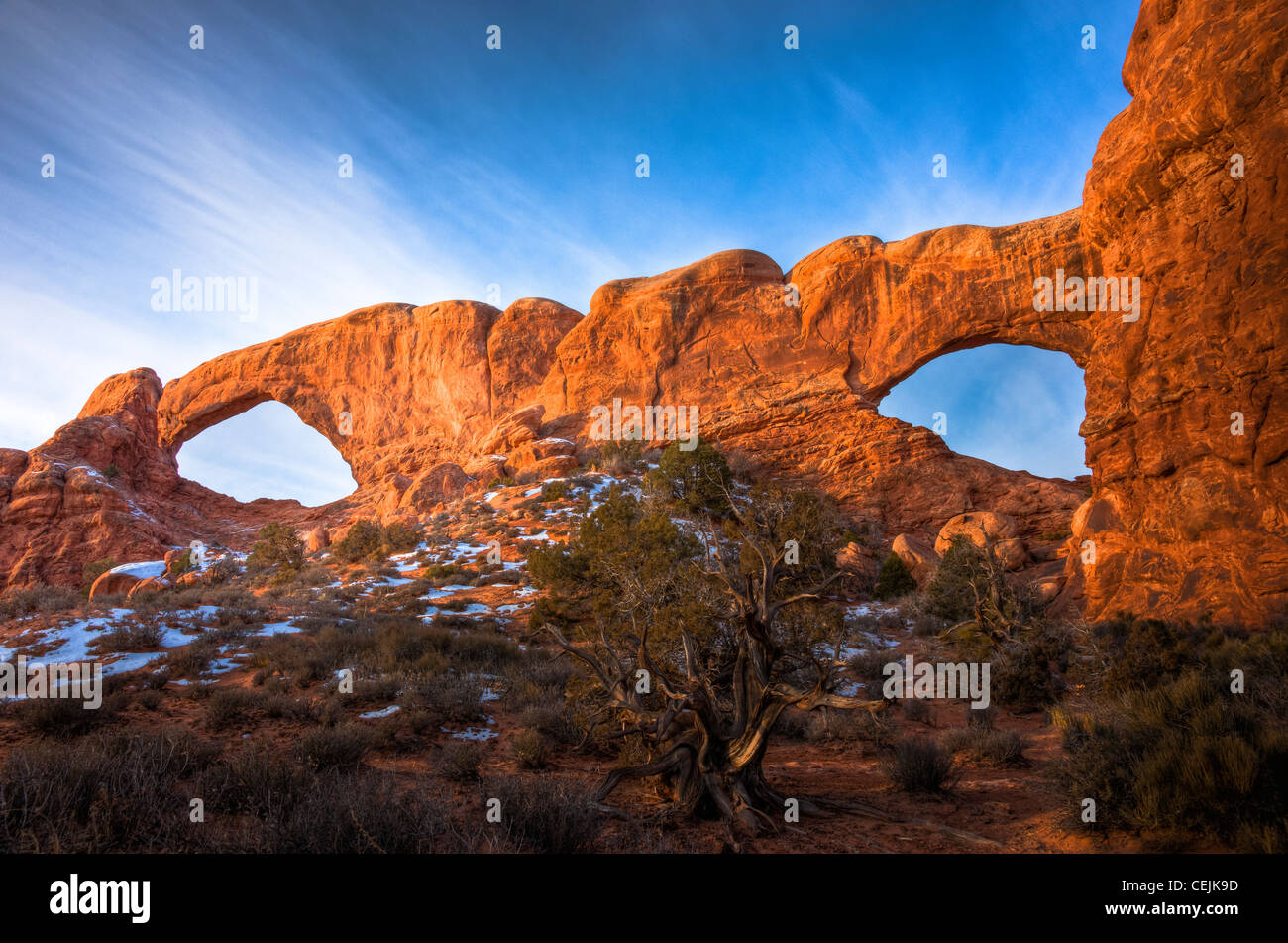 Il nord e il sud, finestre ad archi formano aperture nella stessa aletta di arenaria. Archi Nat'l parco. Utah Foto Stock