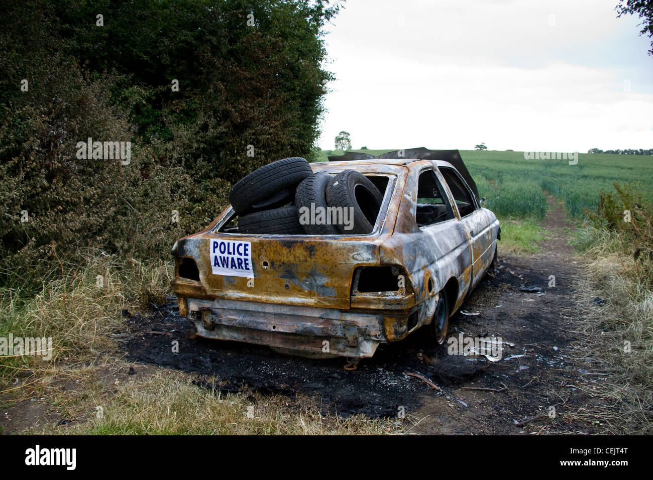 Bruciato auto rubate in un campo gateway,Suffolk, Inghilterra. Foto Stock