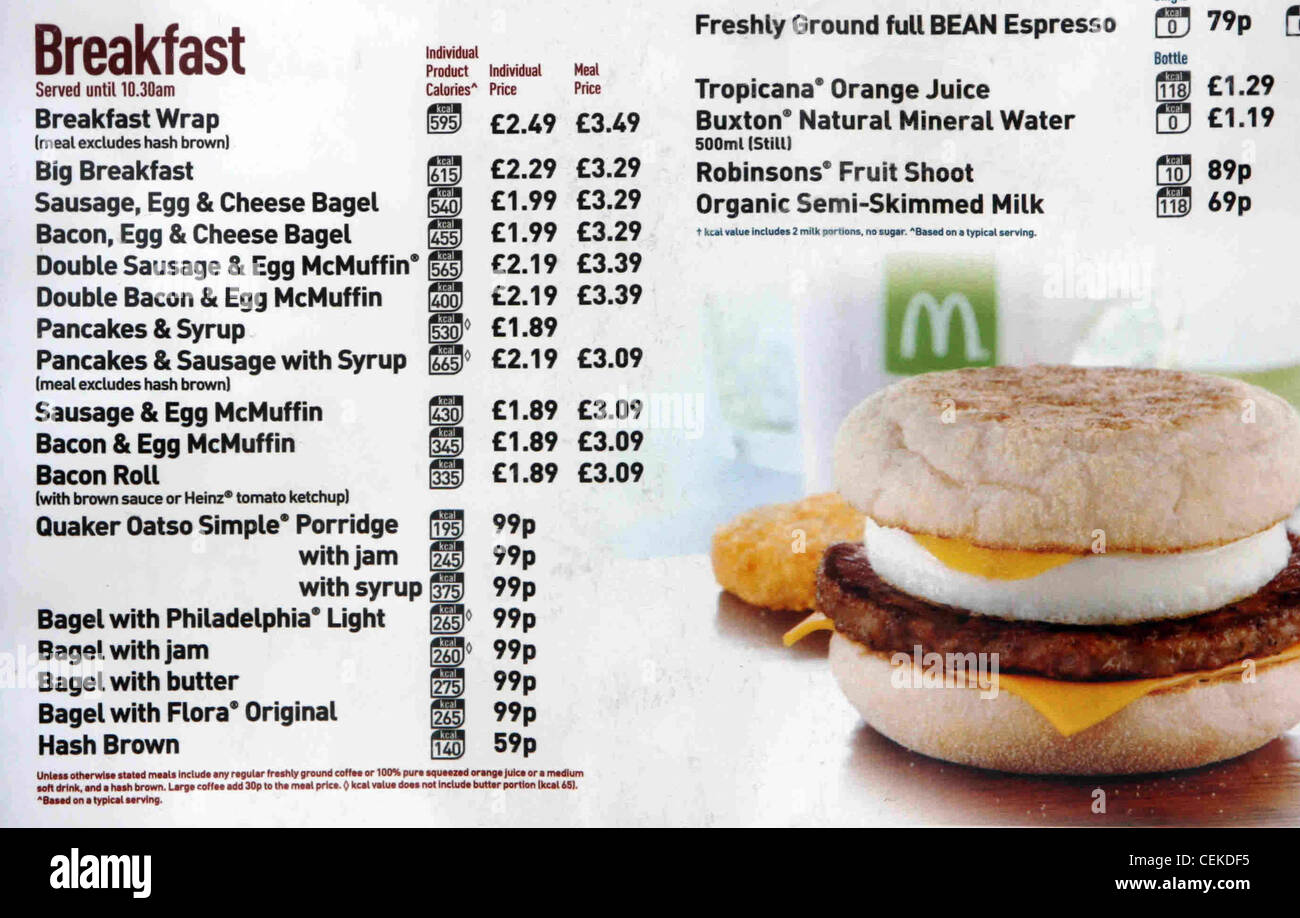 McDONALDS un ristorante fast food il menu della prima colazione Foto Stock