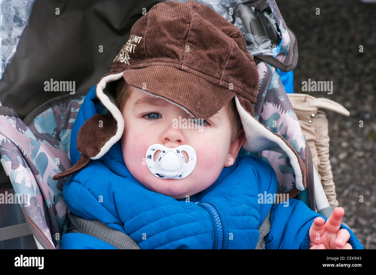 Baby Boy bambino con un manichino nella sua bocca guardando la telecamera Foto Stock